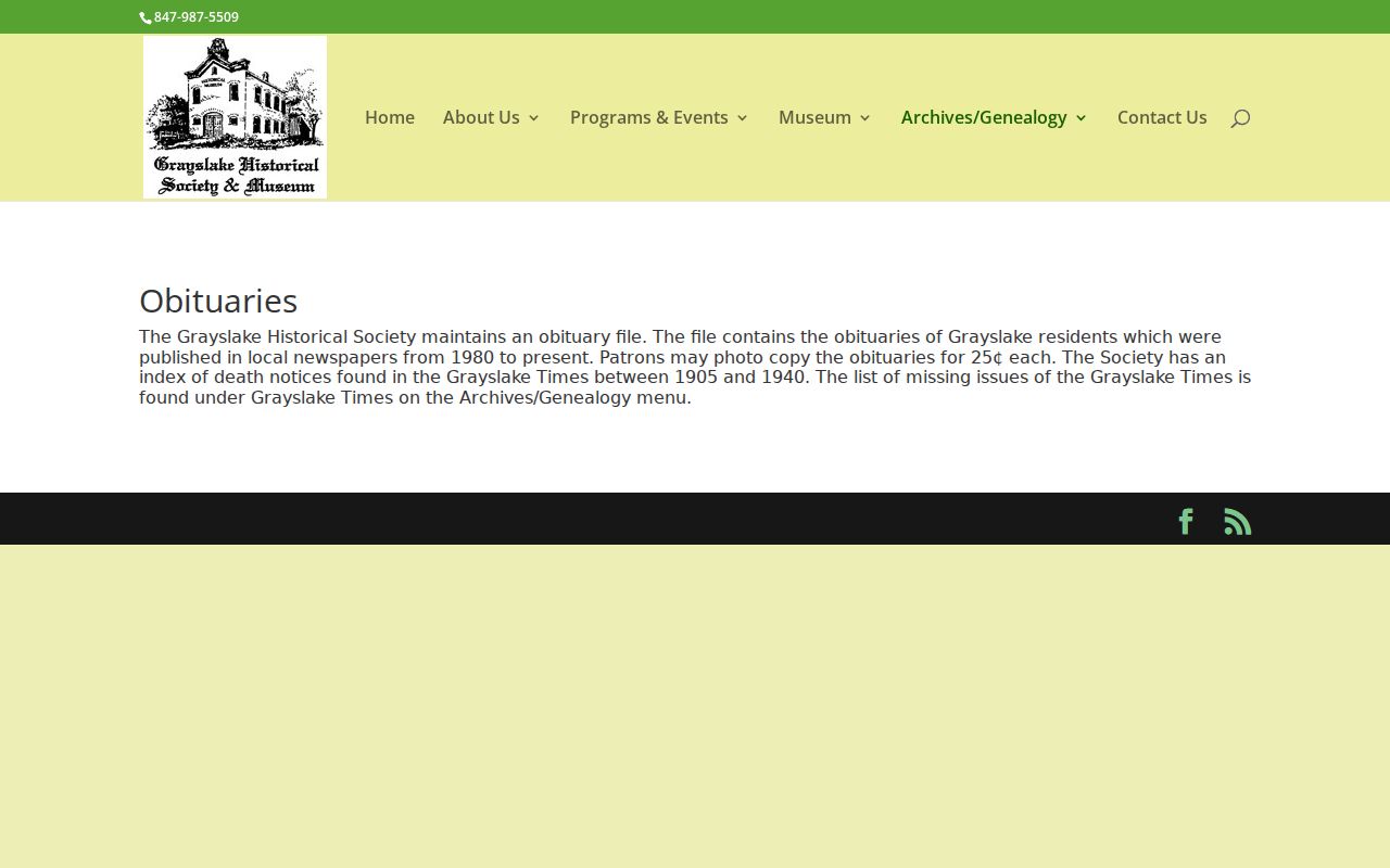 Grayslake previous residents Historical Society obituary index