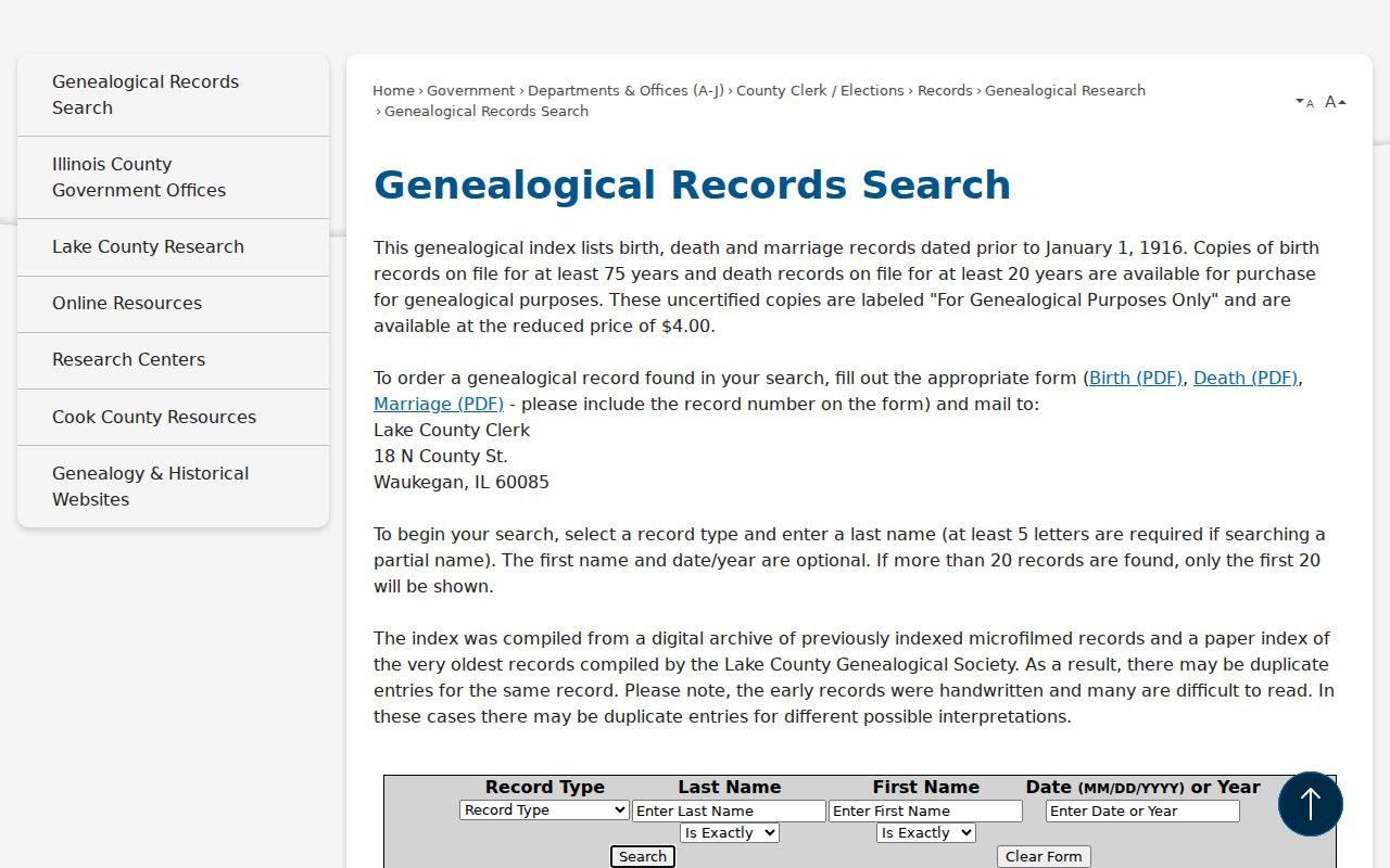 Grayslake resident lookup in the county genealogy index