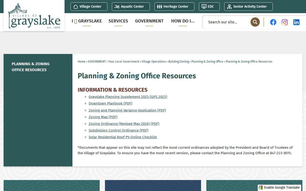 Grayslake street directory planning and zoning records
